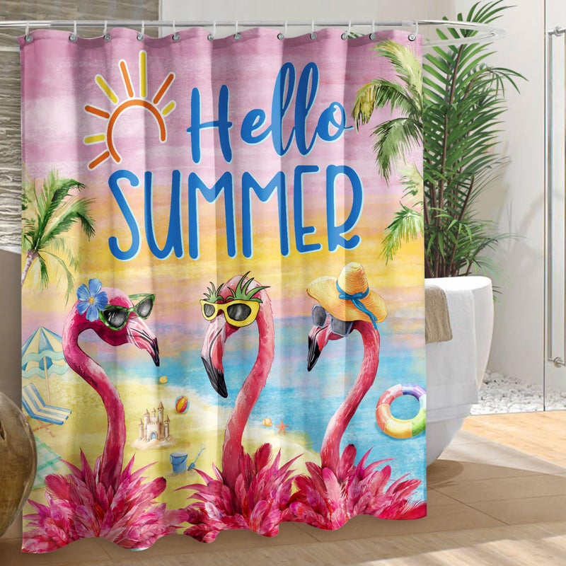 Kuyuayee Flamingo Shower Curtain 72x72 Inch Hello Summer Shower Curtains for Bathroom with Hooks Summer Flamingo Bathroom Home Bath Decor Waterproof Fabric - Image 2